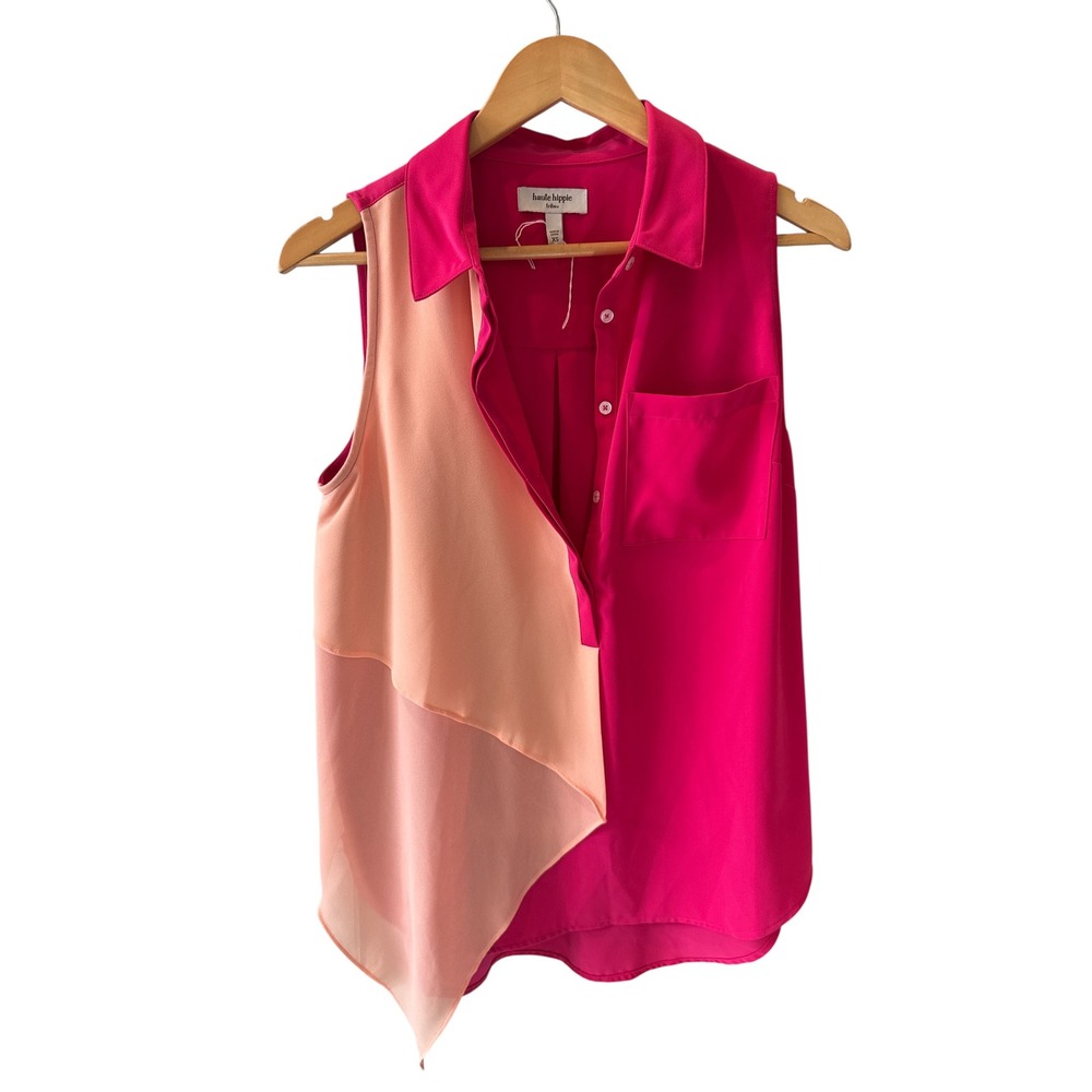 Haute Hippie Sleeveless Pink Blouse Asymmetrical Color Block‎ XS Tank Top Office